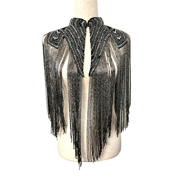NASTY GAL Beaded Tassel Fringe Cape Shawl Women's M/L Silver Black Gunmetal New - Picture 1 of 14